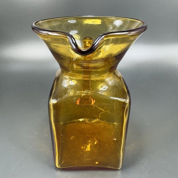 Mid Century Hand Blown Art Glass Pitcher Jug Carafe Amber With Handle Hand Made - Picture 8 of 12